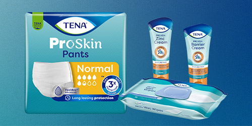 Zdjęcie opakowań produktów z gamy TENA ProSkin Zdjęcie opakowań produktów z gamy TENA ProSkin